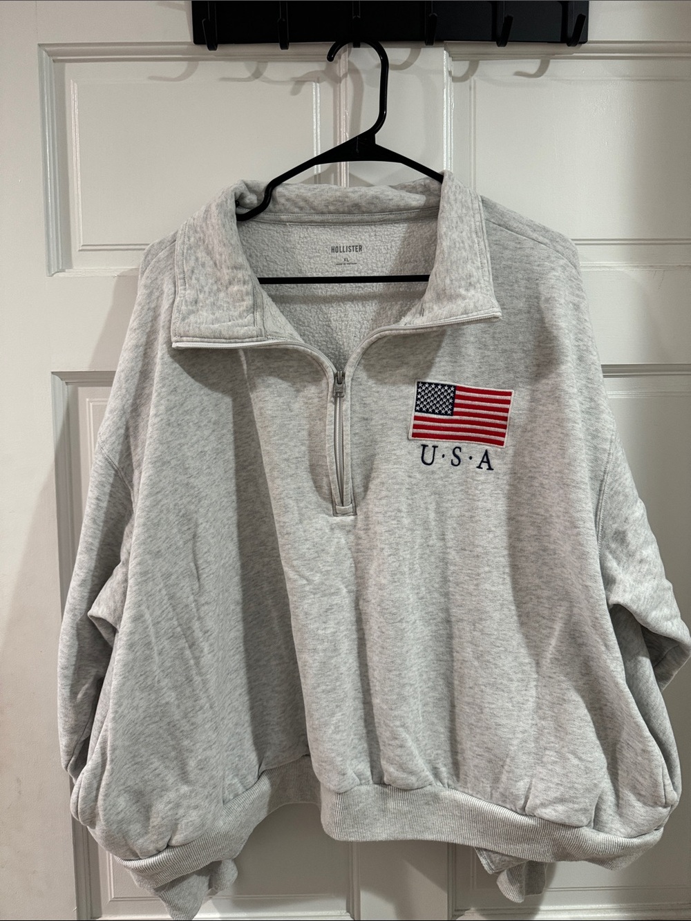 Hollister Light Gray Quarter-Zip Sweatshirt with USA Flag